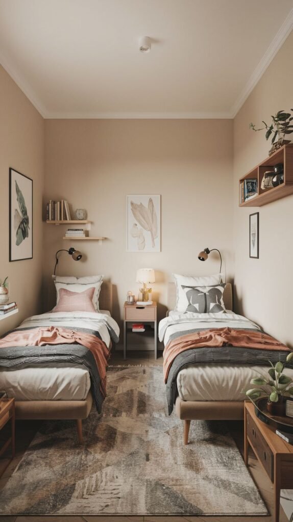 Cozy Small Bedroom, For 2 Sisters, designed in warm neutral colors, featuring two twin beds flanking a shared central nightstand and matching dark wooden furniture pieces at the foot of each bed.
