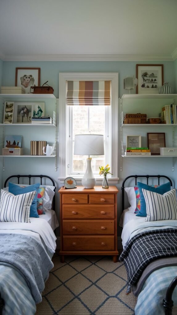Cozy Small Bedroom, For 2 Sisters, featuring twin black metal-frame beds against light blue walls, separated by a wooden dresser, with open white shelving units flanking a window.