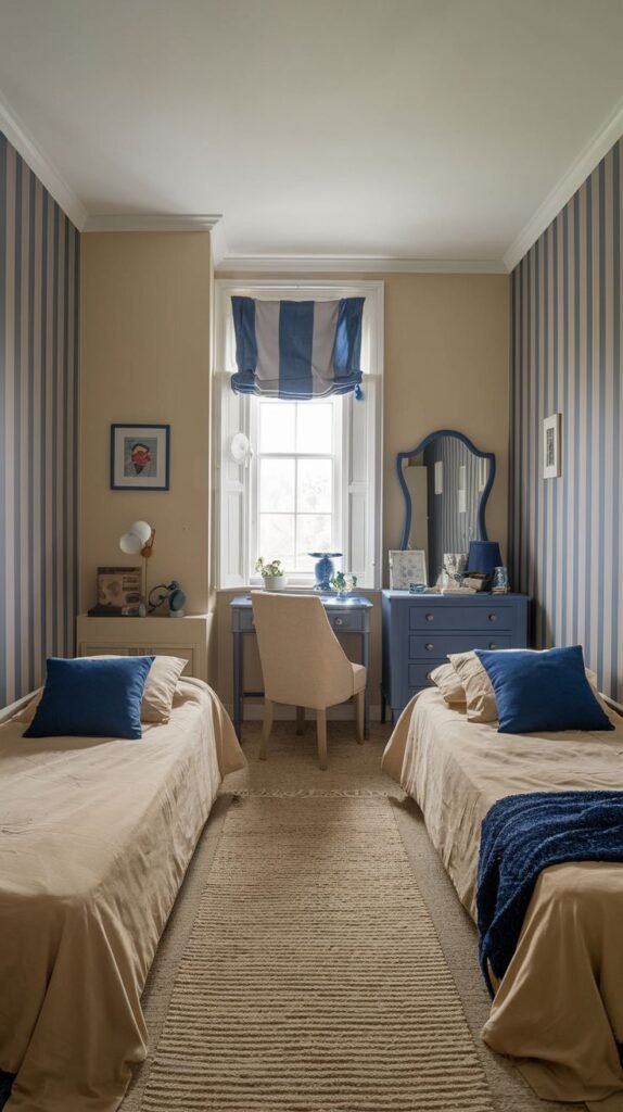 Cozy Small Bedroom, For 2 Sisters, featuring twin beds in a room with blue and white striped wallpaper, centralized around a window with a blue desk and a blue dresser.