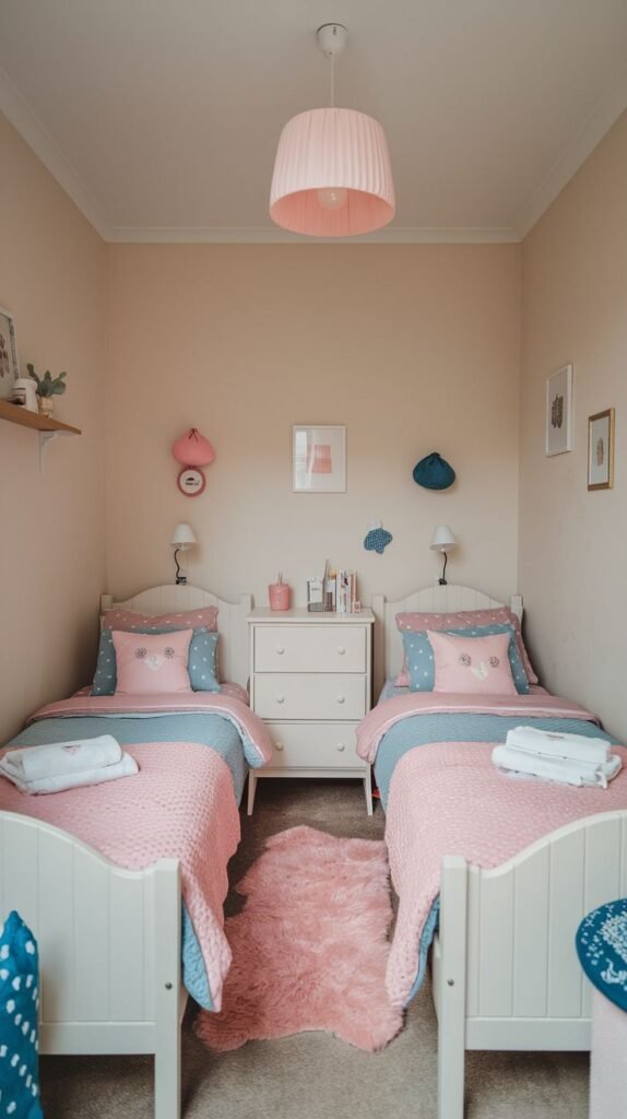 Cozy Small Bedroom, For 2 Sisters, featuring two white beds with pink and blue bedding, separated by a white dresser, accented by a plush pink central rug.
