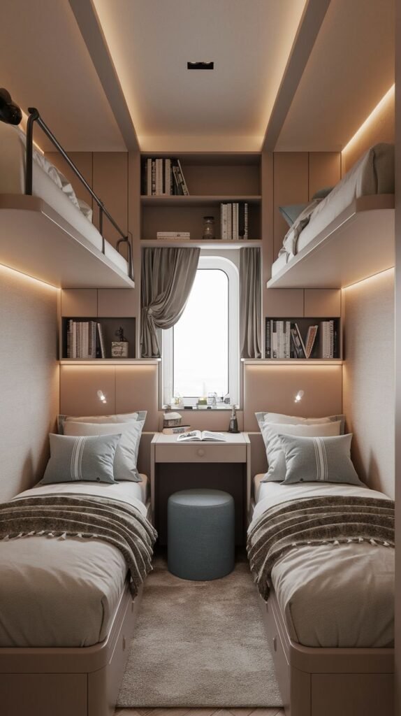 Cozy Small Bedroom cabin layout, For 2 Sisters (or four occupants), utilizing built-in bunks (four beds total: two lower, two upper), integrated shelving, and warm accent lighting around a small central window and desk.