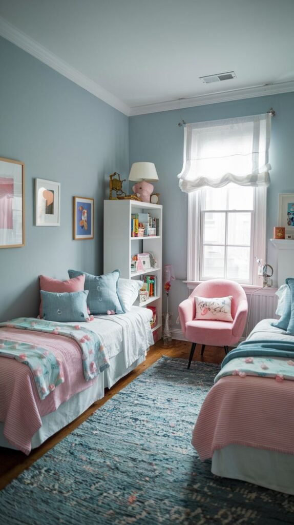 Cozy Small Bedroom, For 2 Sisters, designed in soft blue and pink, featuring two twin beds, a small white bookshelf, and a pink accent chair near the window.