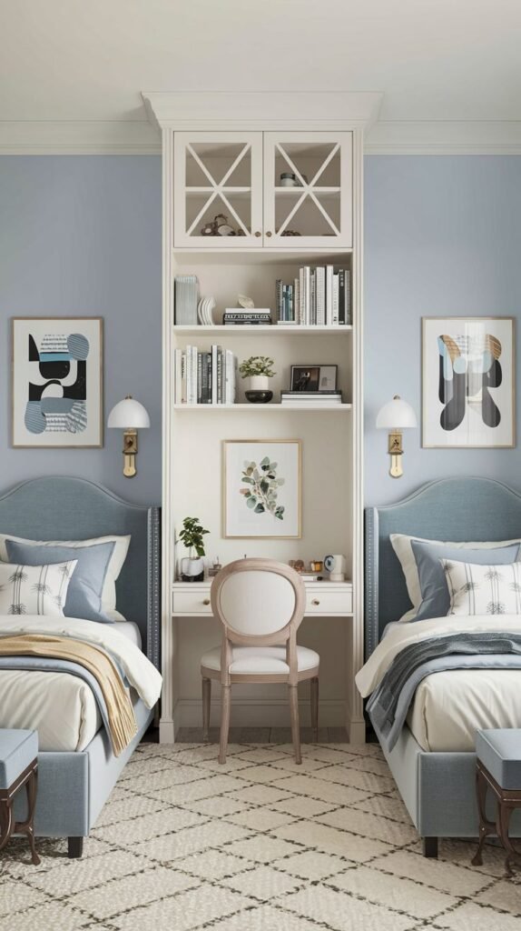 Cozy Small Bedroom, For 2 Sisters, featuring elegant blue upholstered twin beds separated by a custom white built-in unit containing storage, shelving, and a central vanity/desk area.