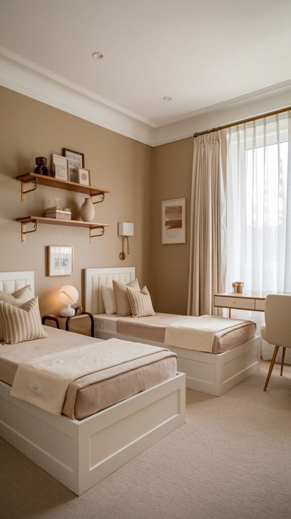 Cozy Small Bedroom, For 2 Sisters, in a modern neutral design, featuring two side-by-side twin beds, a long curtained window, floating wooden shelves, and a simple desk setup.