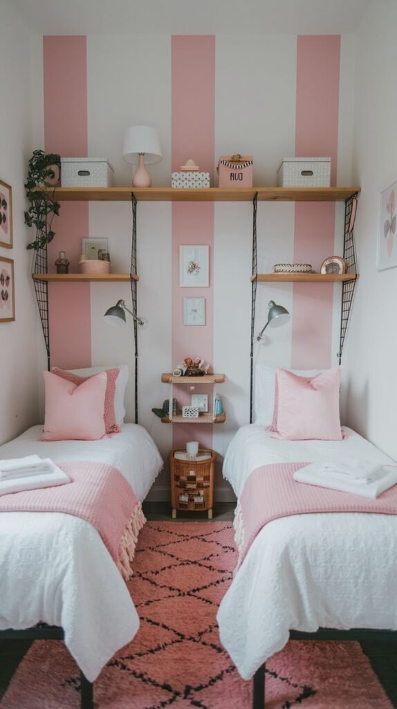 Cozy Small Bedroom, For 2 Sisters, defined by striking pink and white vertical striped walls, featuring twin beds with pink accents, open black metal shelving units, and a plush pink central rug.