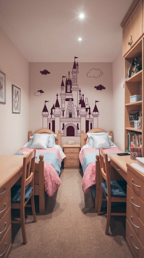 Cozy Small Bedroom with a whimsical princess theme, For 2 Sisters, featuring two wooden twin beds, matching desks, and a large central purple castle wall decal.