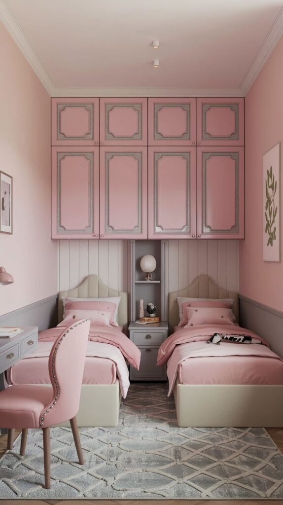 A Cozy Small Bedroom interior design, For 2 Sisters, featuring two twin beds with pink bedding, custom pink and gray overhead cabinets, a shared nightstand, and a pink desk chair, all set on a gray patterned rug.