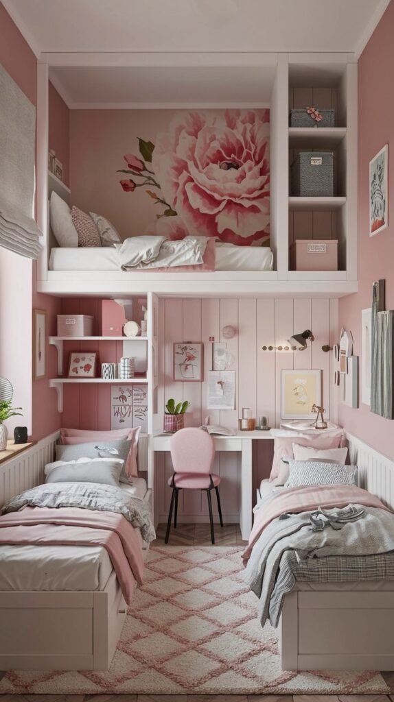 Cozy Small Bedroom, For 2 Sisters, designed with space-saving custom built-ins, featuring a lower bed and a loft bed above a desk area, set against pink walls and highlighted by a large pink floral mural.
