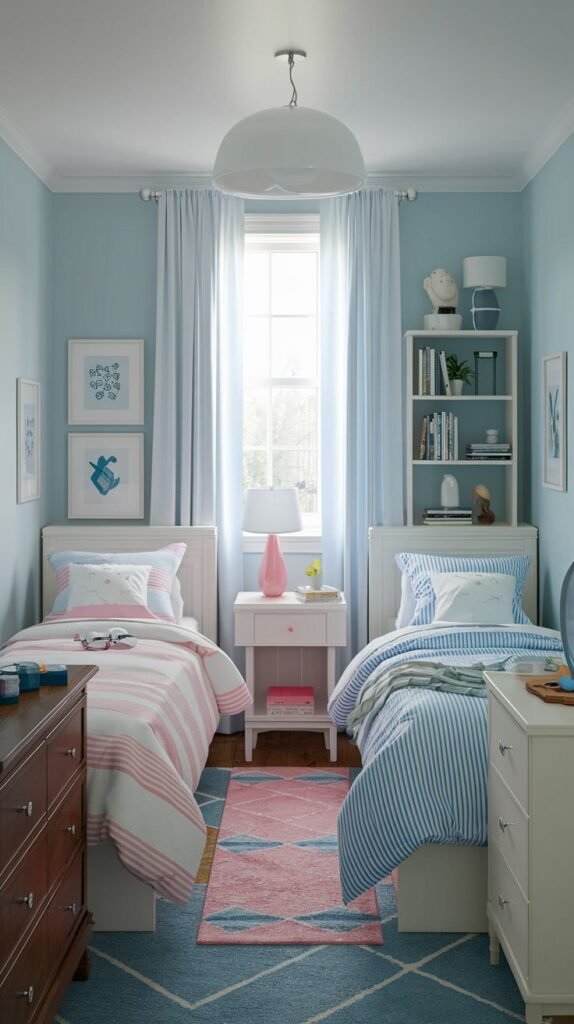 Cozy Small Bedroom, For 2 Sisters, with light blue walls and two white beds with striped bedding (pink and blue), separated by a small white nightstand and facing a tall white bookshelf.