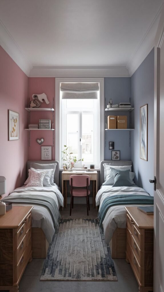 Cozy Small Bedroom, For 2 Sisters, with walls split between pink and blue/lavender, featuring twin beds with wooden dressers, and a shared desk positioned beneath the window.