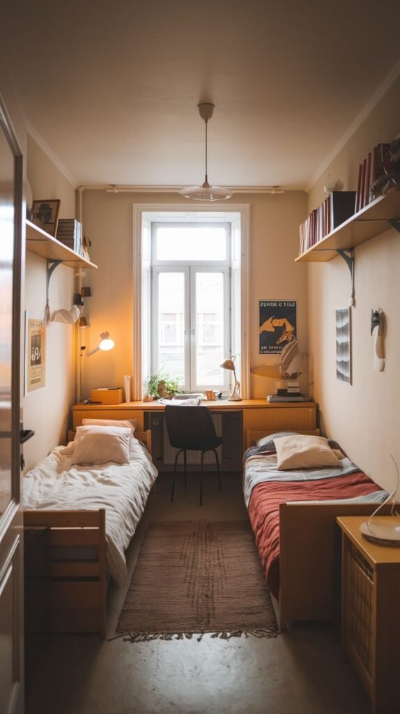 Cozy Small Bedroom, For 2 Sisters (or roommates), in a narrow, neutral space featuring two single beds flanking a central pathway, with a shared desk area below a window and high wall-mounted wooden shelving.
