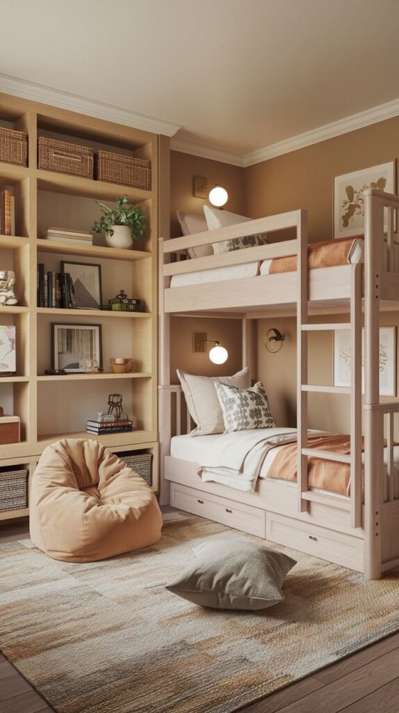 Cozy Small Bedroom, For 2 Sisters, utilizing vertical space with natural wood bunk beds featuring lower storage drawers, adjacent to a full wall of built-in shelving and baskets.