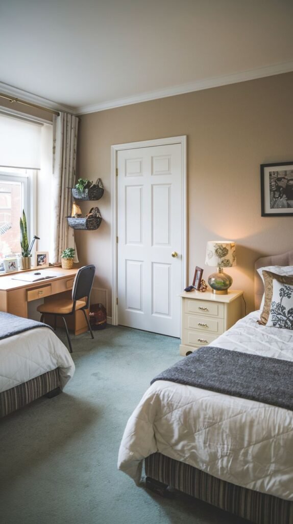 Cozy Small Bedroom, For 2 Sisters, with beige walls and light green carpet, showing two twin beds and a desk situated near the window.
