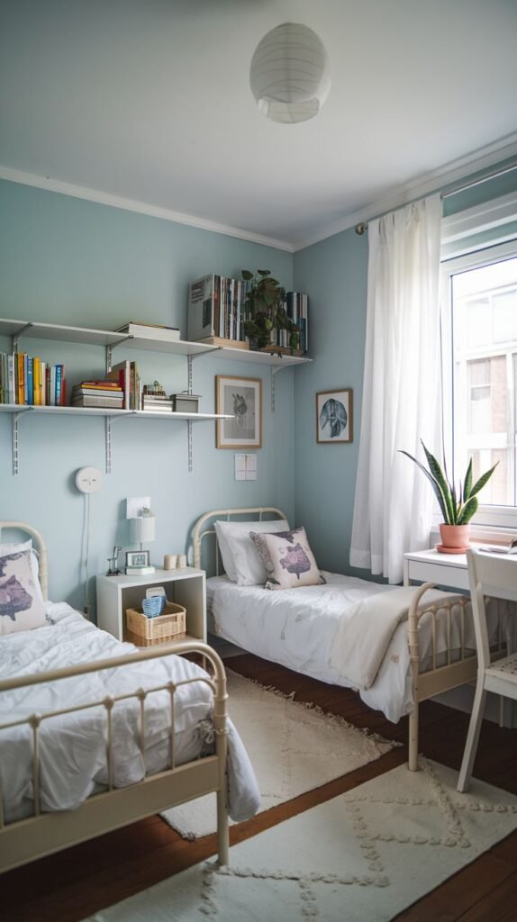 Cozy Small Bedroom, For 2 Sisters, featuring light blue walls, two white metal-frame beds, a central nightstand, and long wall-mounted floating shelves above the beds.