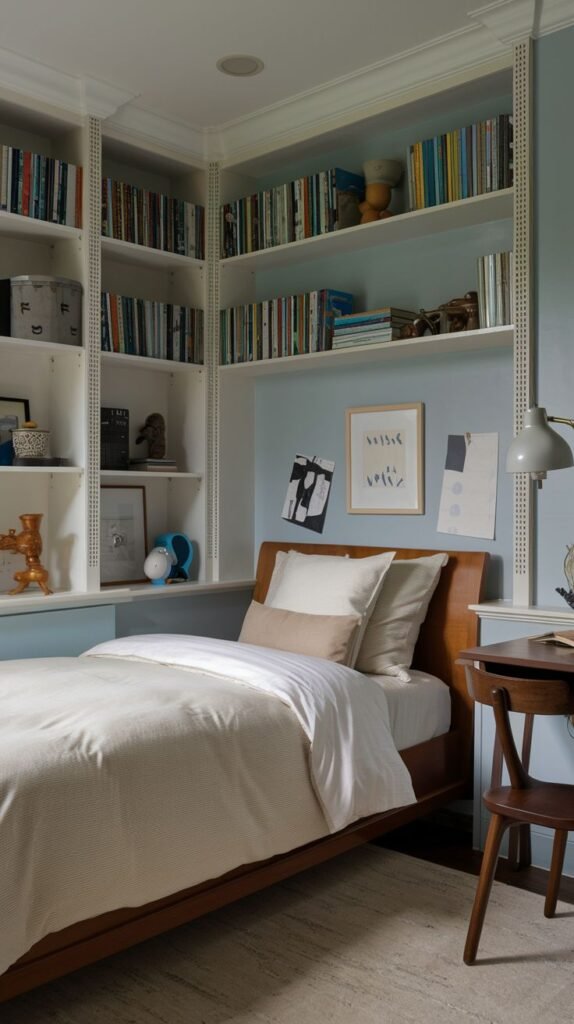 Cozy Small Bedroom For Boys with built-in white shelving surrounding a wood-framed bed, creating maximum storage space. The walls are a pale blue, complementing the neutral bedding and wooden desk area.