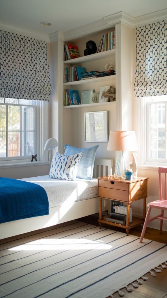 Cozy Small Bedroom For Boys brightly lit by natural sunlight streaming through windows dressed with patterned blue and white Roman shades. The room maximizes space with built-in wall shelving and features a white bed with a blue throw blanket.