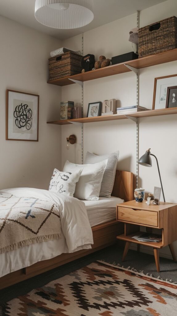 Cozy Small Bedroom For Boys with mid-century modern style featuring a low wood bed, tiered wood shelving supported by metal brackets, and a colorful geometric area rug. Woven storage baskets are placed on the highest shelves.