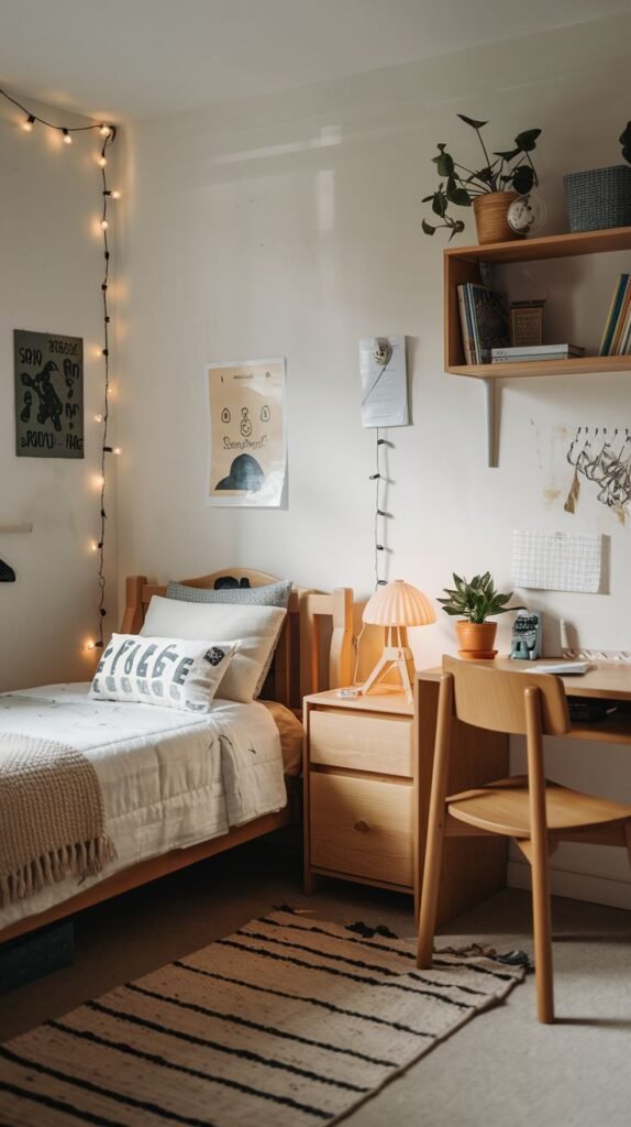 Cozy Small Bedroom For Boys with light natural wood furniture, including a single bed, nightstand, and desk, against white walls. The decor is enhanced by string lights draping down the wall and a striped woven rug.