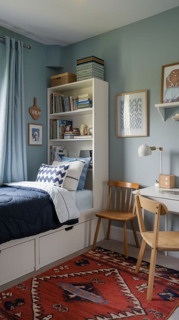 Cozy Small Bedroom For Boys maximizing space with a built-in bed system that includes under-bed storage drawers and an integrated white bookcase at the foot of the bed. The room features light sage/blue walls and a brightly patterned area rug.