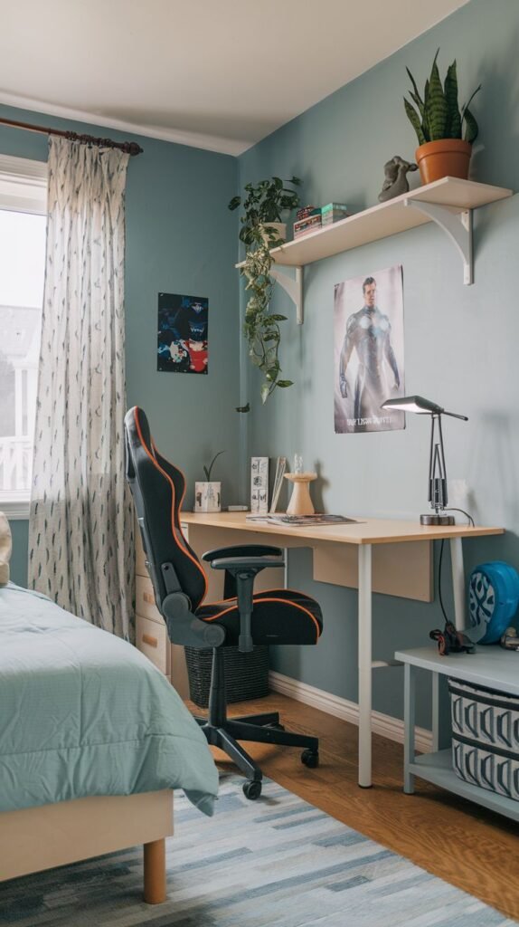 Cozy Small Bedroom For Boys featuring a dedicated study/gaming area with a light-colored desk and a prominent black and orange ergonomic chair. The walls are pale blue/green, and a floating shelf is decorated with houseplants and posters.
