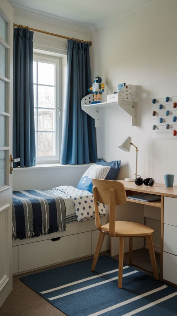 Cozy Small Bedroom For Boys maximizing minimal space with a built-in window seat daybed featuring storage drawers and deep blue bedding accents. A compact desk area, wooden chair, and striped blue rug enhance the functional layout.