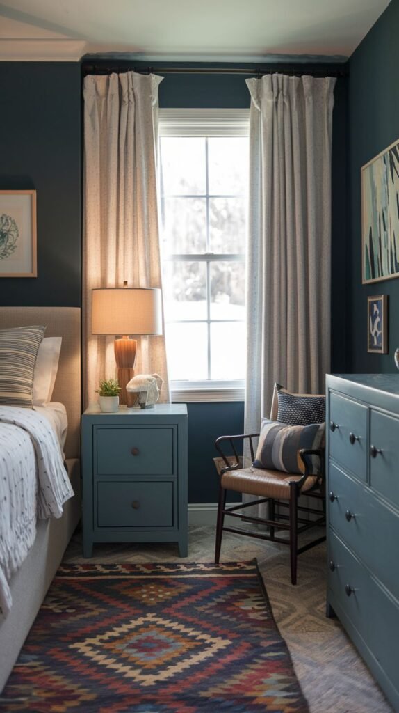 Cozy Small Bedroom For Boys with dramatic dark blue walls and light curtains framing a large window. The room includes a blue nightstand and dresser, grounded by a vibrant geometric area rug in warm tones.