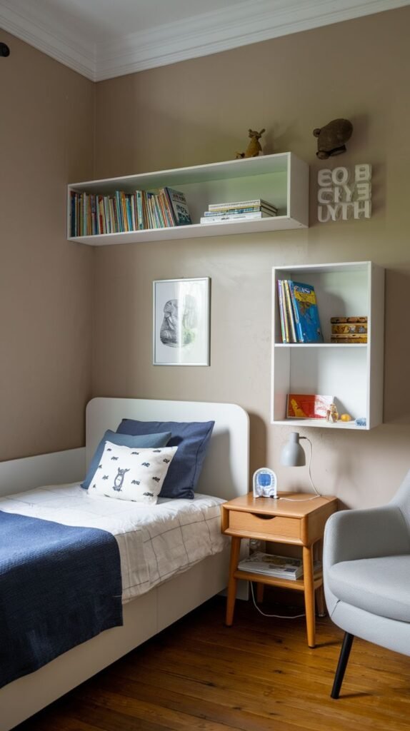 Cozy Small Bedroom For Boys featuring a white single bed with navy and white bedding accents against taupe walls. White floating bookcases provide clean, modern storage next to a classic wood nightstand.