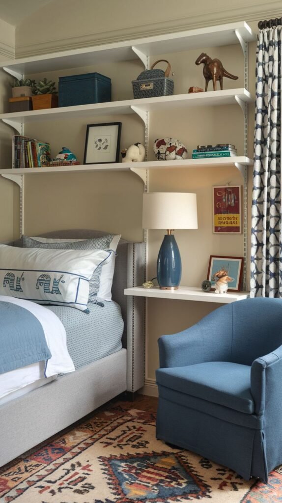 Cozy Small Bedroom For Boys utilizing adjustable wall-mounted shelving above a gray upholstered bed. The room features blue accent colors, a large comfortable blue armchair, and a detailed multi-colored area rug.