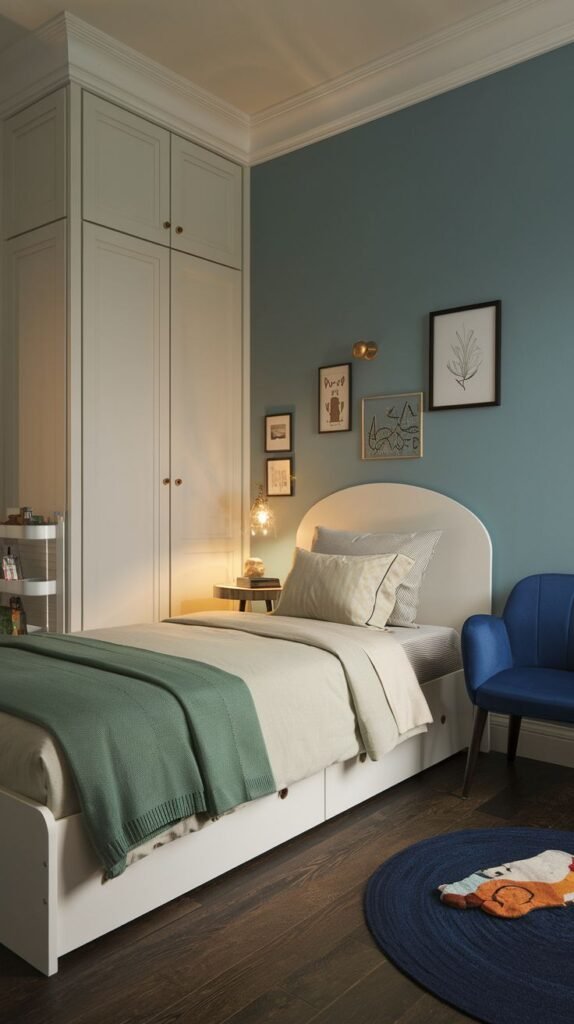 Cozy Small Bedroom For Boys featuring a white single bed with storage drawers and tall built-in closets in a soft light gray hue against a teal accent wall. A deep blue armchair and a round blue rug complete the look.