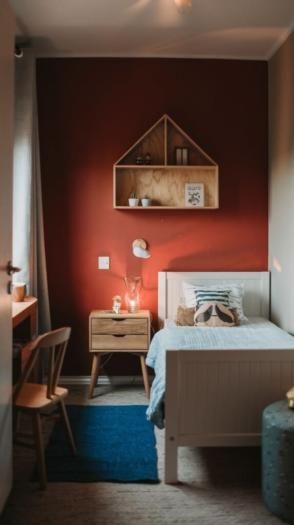 Cozy Small Bedroom For Boys with striking red/terra cotta accent walls and simple white furniture. Features include a wooden house-shaped floating shelf and a small wooden desk area.