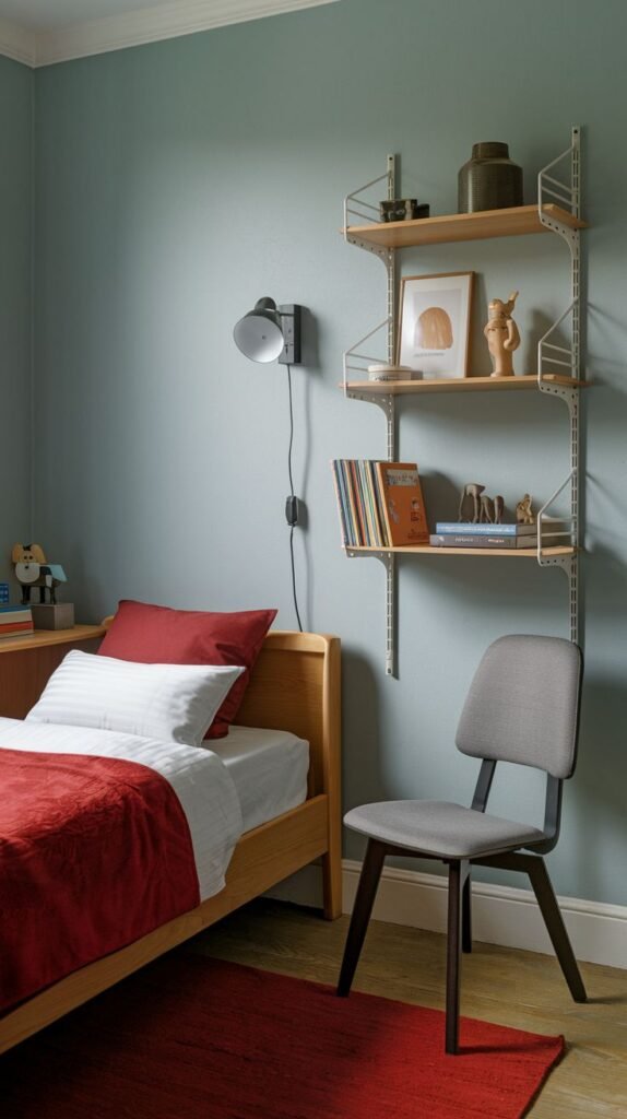 Cozy Small Bedroom For Boys featuring a minimalist design with a wood-framed bed and a modular shelving system mounted on soft blue-green walls. Red bedding adds a bright pop of color, contrasting with the light wood elements.