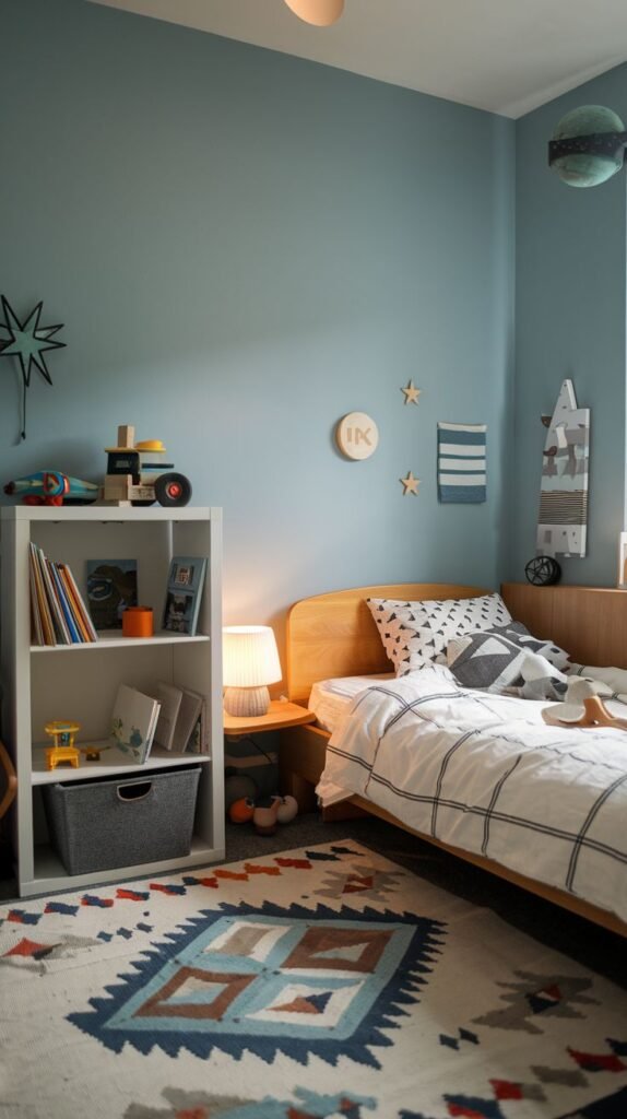 Cozy Small Bedroom For Boys decorated with geometric and space themes, featuring light blue walls and a colorful patterned area rug. The wooden bed is flanked by a white organizational bookshelf filled with toys and books.
