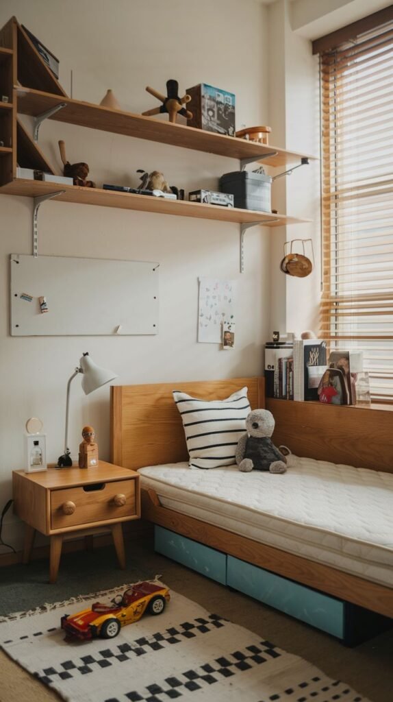 Cozy Small Bedroom For Boys featuring extensive light wood furniture, including a low bed with visible blue storage beneath and matching floating shelves filled with objects and toys. The window has wood blinds, and a monochromatic patterned rug covers the floor.