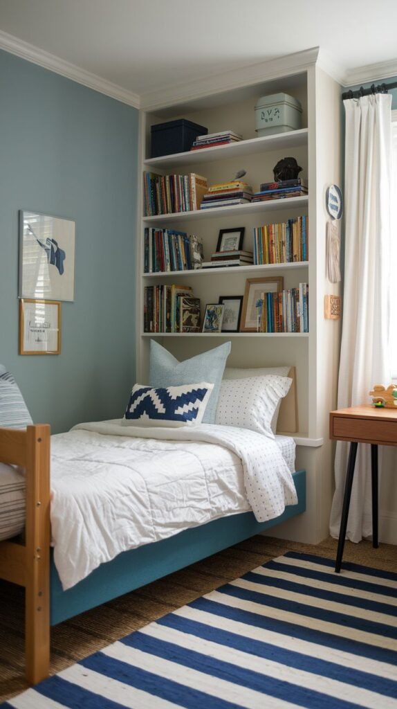 Cozy Small Bedroom For Boys utilizing vertical space with a massive built-in white bookcase next to a blue-framed single bed. The room features a nautical color scheme and a bold striped blue and white rug layered over a natural fiber rug.
