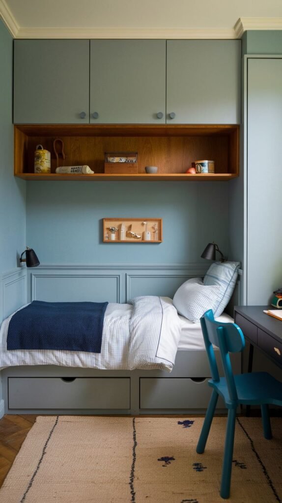 Cozy Small Bedroom For Boys designed for efficiency with a bed built into a wall unit featuring overhead cabinets, under-bed storage drawers, and wainscoting details. The monochromatic blue/green cabinetry is balanced by a recessed wood shelf.
