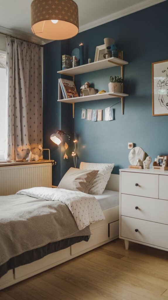 Cozy Small Bedroom For Boys featuring dark teal/navy walls and crisp white furniture, including a storage bed and chest of drawers. Open white shelving above the bed displays toys, and soft string lighting contributes to a cozy ambiance.