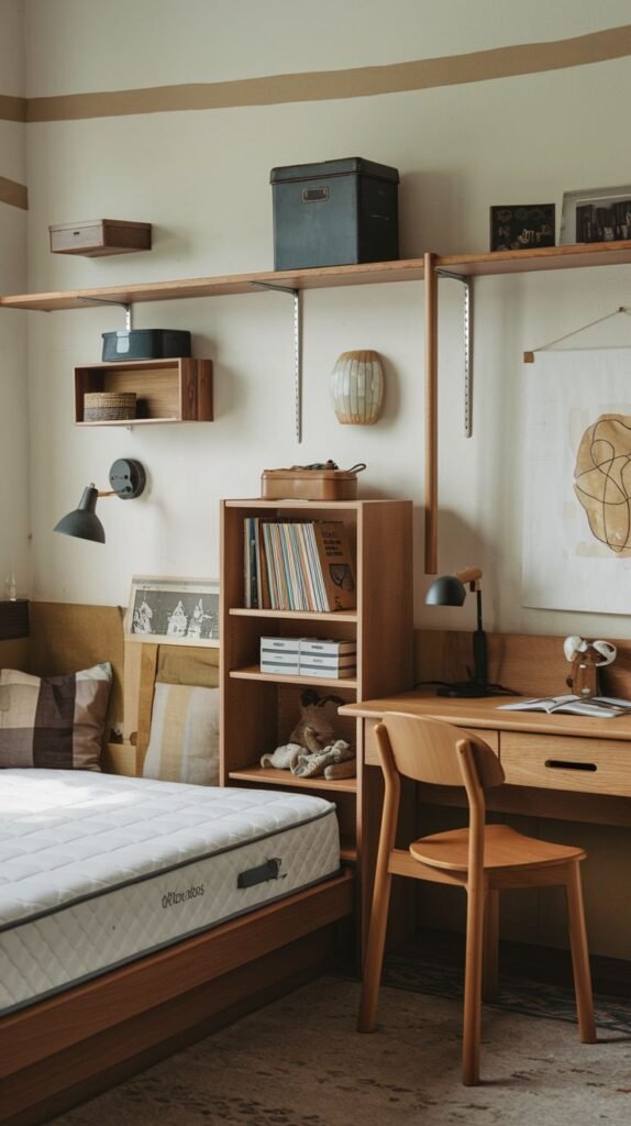 Cozy Small Bedroom For Boys featuring functional natural wood furniture, integrating a single bed (with mattress visible), a desk, and a central open bookcase unit. Wall-mounted wooden shelving provides additional high storage above the desk area.
