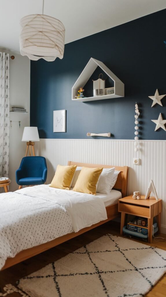 Cozy Small Bedroom For Boys featuring a modern wooden bed with yellow accent pillows against a striking dark blue accent wall with white wainscoting and a house-shaped shelf. A blue armchair and wooden nightstand are visible next to the bed.