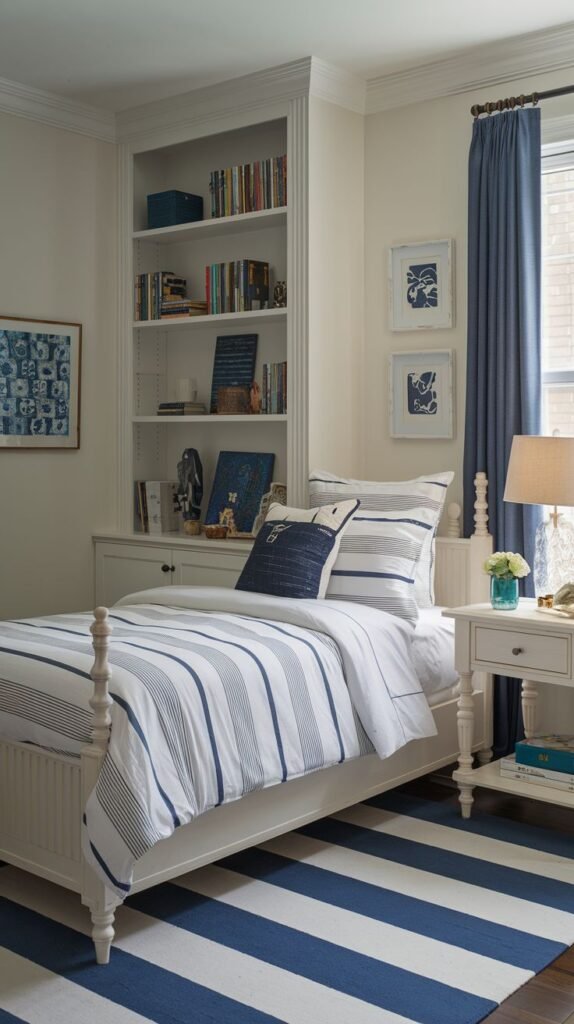 Cozy Small Bedroom For Boys featuring a nautical theme with a white spindle bed, bold blue and white striped bedding, and a matching striped area rug. Built-in shelving units and blue curtains contribute to the cohesive design.