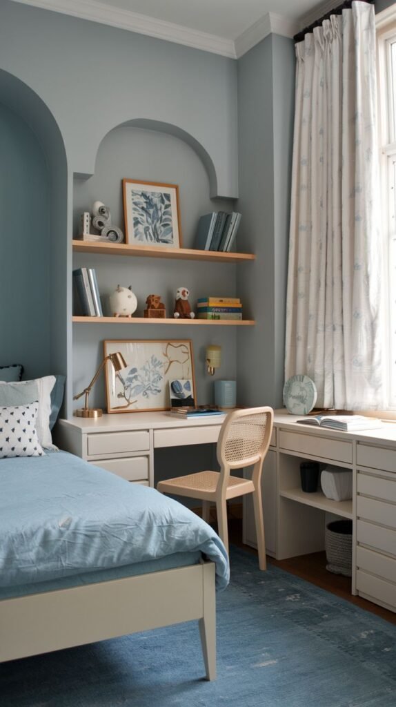 Cozy Small Bedroom For Boys featuring soft blue walls, built-in arched shelving, and a light-colored wood desk area with a woven cane chair. The single bed is dressed in calming light blue tones.