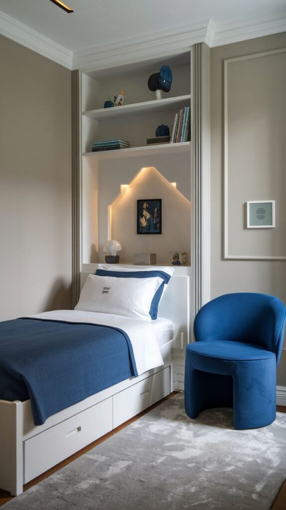 Cozy Small Bedroom For Boys utilizing vertical storage with a tall white built-in bookcase featuring a backlit, house-shaped headboard niche. The bed has storage drawers and is complemented by a bold royal blue chair and blanket.
