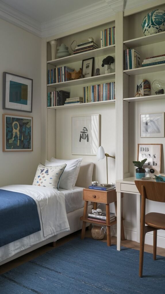 Cozy Small Bedroom For Boys featuring floor-to-ceiling built-in shelving packed with books and objects, surrounding a single bed and an adjacent light wood desk area. The color palette is white and blue, anchored by a dark blue textured rug.