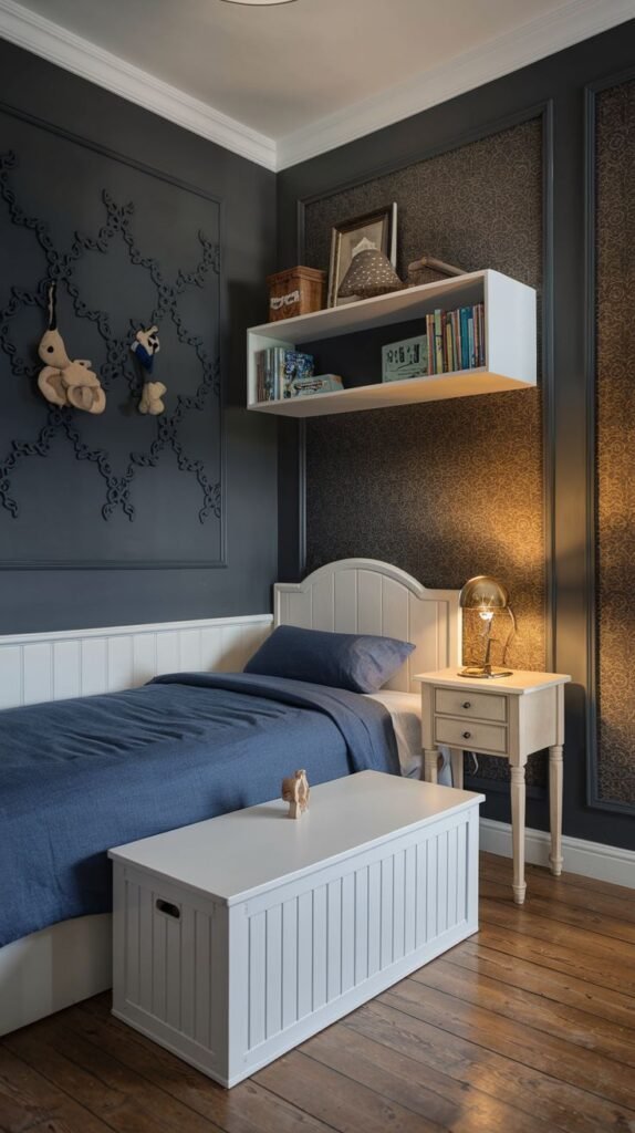 Cozy Small Bedroom For Boys in a dramatic palette of dark gray walls with decorative molding and white wainscoting. The room features a white bed with dark blue bedding and a large white slatted storage chest at the foot of the bed.