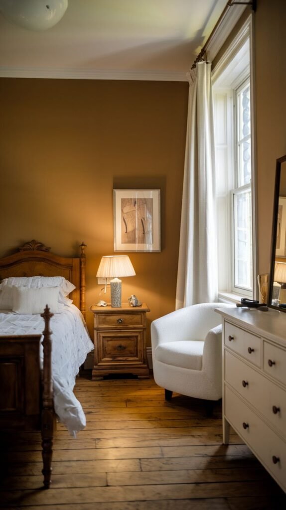 Cozy Small Bedroom For Boys decorated in warm, earthy brown tones, featuring a traditional dark wood bed frame and nightstand. White textiles, including the bedding and a plush armchair, contrast with the rustic wood floors.