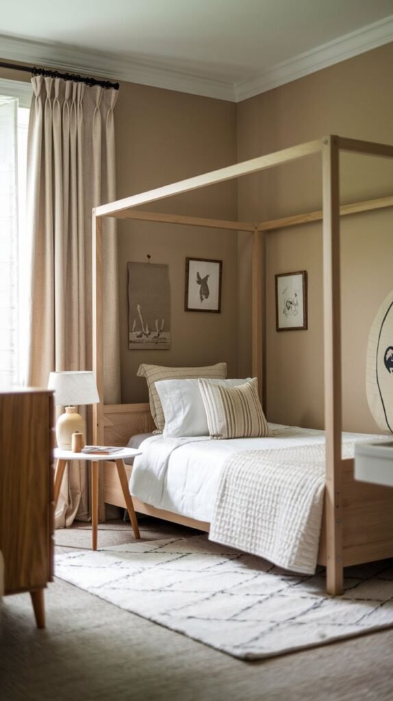Cozy Small Bedroom For Boys featuring a unique light wood four-poster bed frame in a neutral-toned room with light beige walls. The space uses a monochromatic palette of beige, cream, and white, with simple framed artwork.