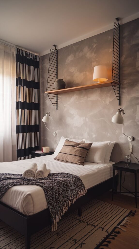 Contemporary bedroom with textured gray walls, featuring a single long floating wood shelf supported by industrial black wire systems and flanked by adjustable white wall sconces.
