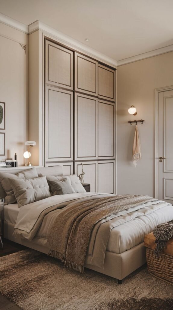 Luxurious neutral bedroom dominated by a large, integrated wall of paneled storage/wardrobe units, complemented by a plush bed and layered beige and brown textiles.