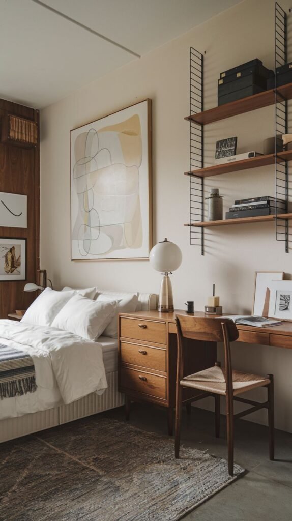 Mid-century modern bedroom integrating a wooden desk and dresser next to the bed, highlighted by a modular black wire shelving system above, against a light wall.