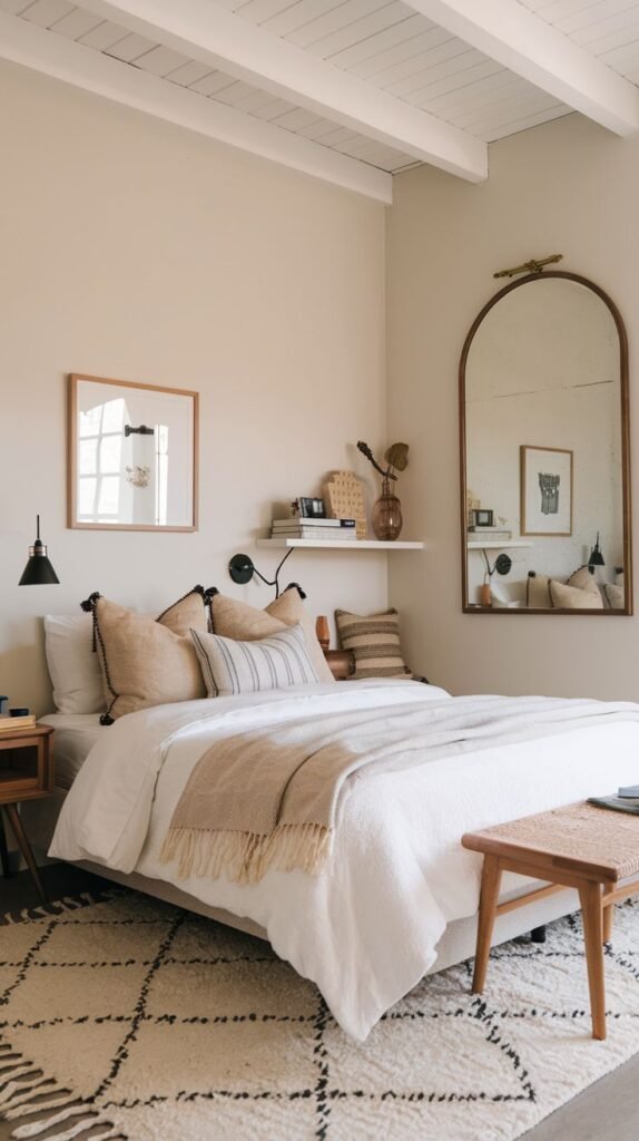 Cozy bedroom featuring exposed white ceiling beams, a large arched mirror, a woven cane bench, and floating white shelves above the bed, anchored by a patterned black and white rug.