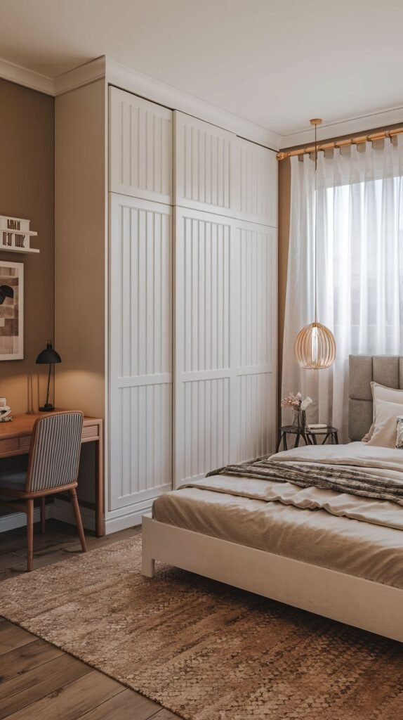 Bedroom with floor-to-ceiling white paneled sliding wardrobes, a simple white bed, a jute rug, and a compact wooden desk area with a chair tucked against the wall.